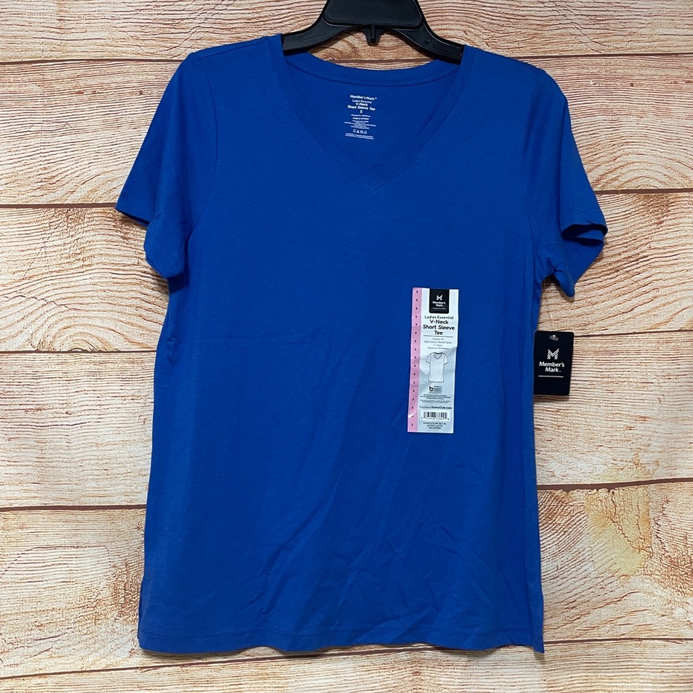Member's Mark Ladies Essential‎ Short Sleeve V-Neck Tee  Blue Size Small